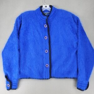 Venesha Cardigan Womens M Blue Fuzzy Angora Blend Mock Neck Button Front Vintage